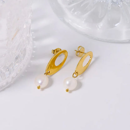 1 Pair Retro Classic Style Oval Plating Inlay 304 Stainless Steel Artificial Pearls 18K Gold Plated Drop Earrings