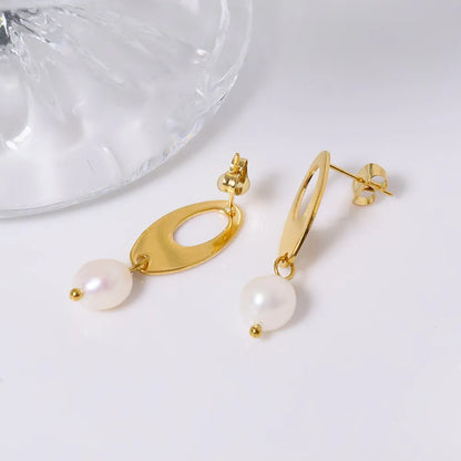 1 Pair Retro Classic Style Oval Plating Inlay 304 Stainless Steel Artificial Pearls 18K Gold Plated Drop Earrings