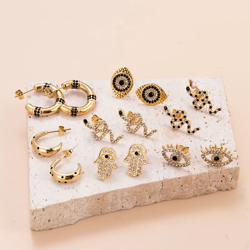 1 Pair Retro Classic Style Palm Eye Snake Plating Inlay 304 Stainless Steel Zircon Ear Studs