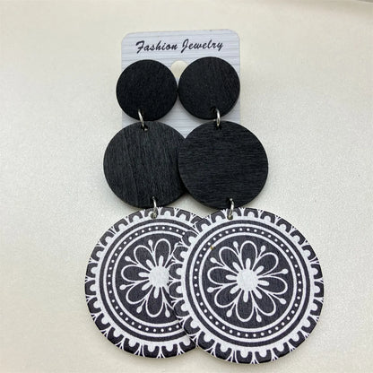 1 Pair Retro Classic Style Round Flower Petal Wood Drop Earrings