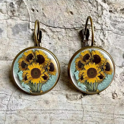 1 Pair Retro Classic Style Sunflower Inlay Alloy Glass Drop Earrings