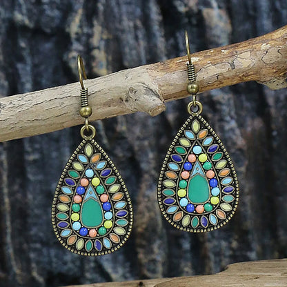 1 Pair Retro Color Block Inlay Alloy Turquoise Drop Earrings