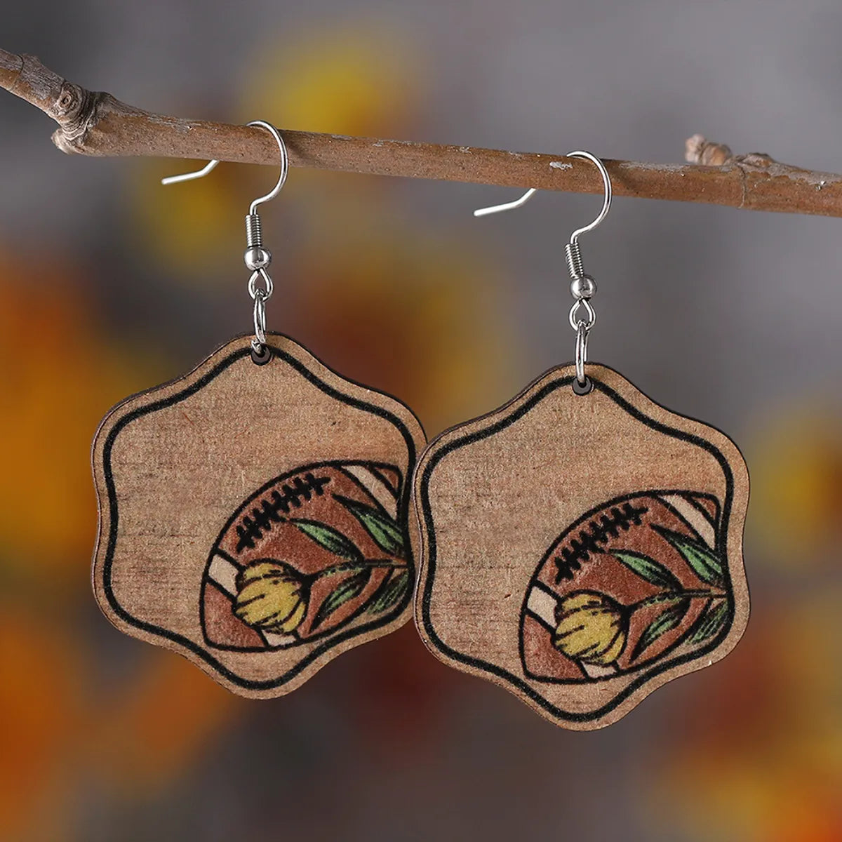 1 Pair Retro Color Block Printing Wood Drop Earrings