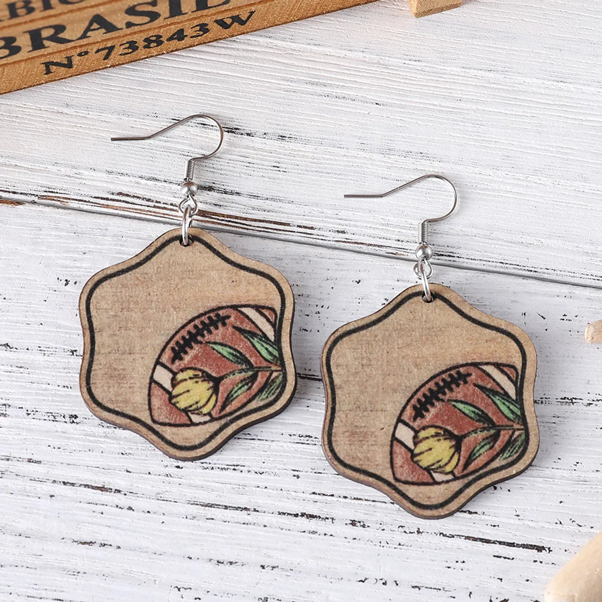 1 Pair Retro Color Block Printing Wood Drop Earrings