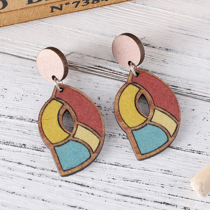 1 Pair Retro Color Block Printing Wood Drop Earrings