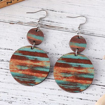 1 Pair Retro Color Block Printing Wood Drop Earrings