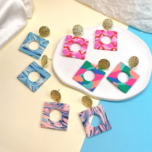 1 Pair Retro Color Block Square Patchwork Alloy Soft Clay Drop Earrings