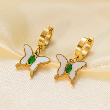 1 Pair Retro Commute Butterfly Polishing Plating Inlay Titanium Steel Artificial Gemstones Shell 18k Gold Plated Drop Earrings