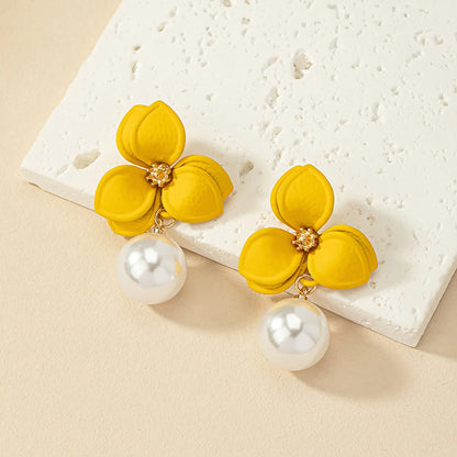 1 Pair Retro Commute Flower Inlay Alloy Pearl Drop Earrings