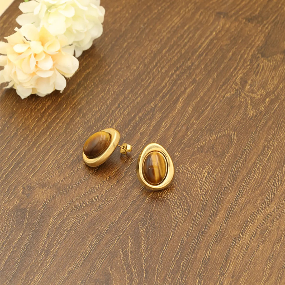 1 Pair Retro Commute Oval Inlay Stainless Steel Natural Stone 18K Gold Plated Ear Studs