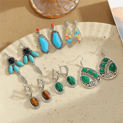 1 Pair Retro Commute Round Plating Inlay Alloy Turquoise Silver Plated Earrings