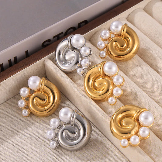 1 Pair Retro Conch Layered Inlay 304 Stainless Steel Artificial Pearl Artificial Pearls 18K Gold Plated Ear Studs