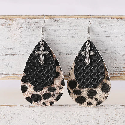 1 Pair Retro Cowboy Style Cross Water Droplets Leopard Layered Pu Leather Drop Earrings