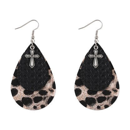 1 Pair Retro Cowboy Style Cross Water Droplets Leopard Layered Pu Leather Drop Earrings