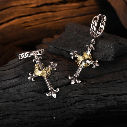 1 Pair Retro Cross Crown Plating Copper White Gold Plated Drop Earrings