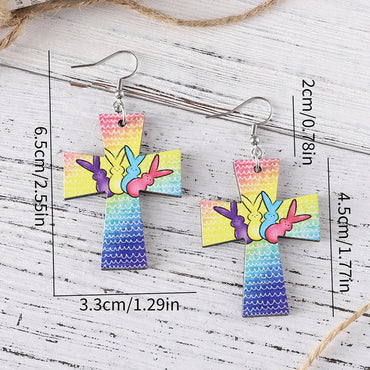 1 Pair Retro Cross Heart Shape Duck Wood Drop Earrings