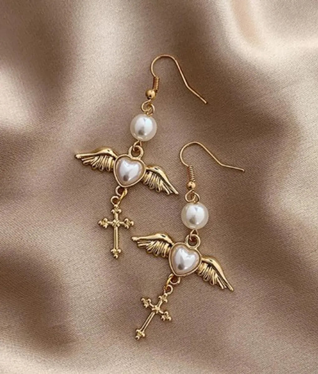 1 Pair Retro Cross Heart Shape Inlay Alloy Artificial Pearls Gold Plated Drop Earrings