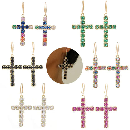 1 Pair Retro Cross Inlay Copper Zircon Drop Earrings