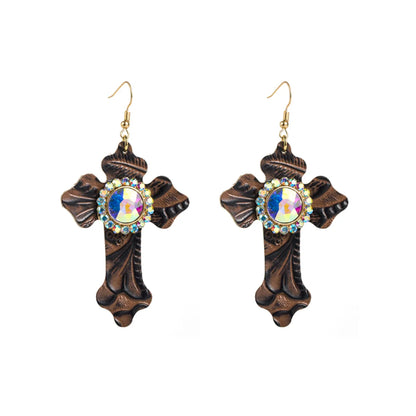 1 Pair Retro Cross Inlay Pu Leather Alloy Rhinestones Glass Drill Drop Earrings