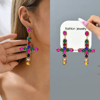 1 Pair Retro Cross Metal Plating Zircon Women's Earrings