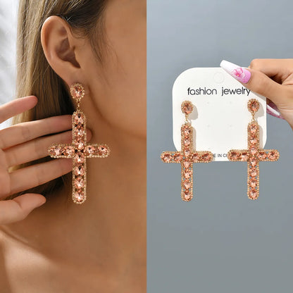 1 Pair Retro Cross Metal Plating Zircon Women's Earrings