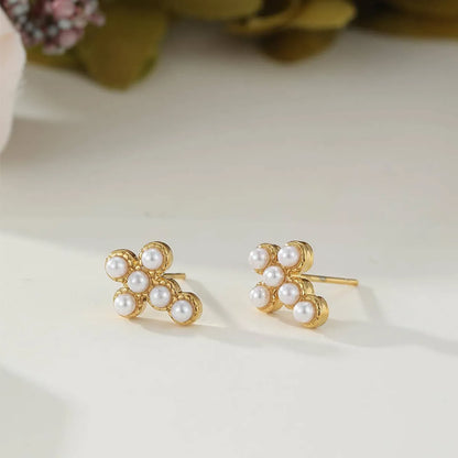 1 Pair Retro Cross Plating Inlay Stainless Steel Pearl 18k Gold Plated Ear Studs