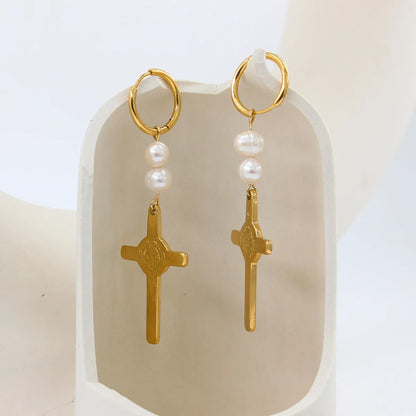 1 Pair Retro Cross Stainless Steel Plating Earrings