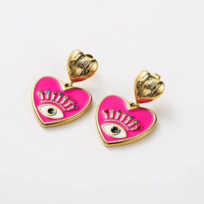 1 Pair Retro Devil's Eye Heart Shape Enamel Inlay Stainless Steel Rhinestones Earrings