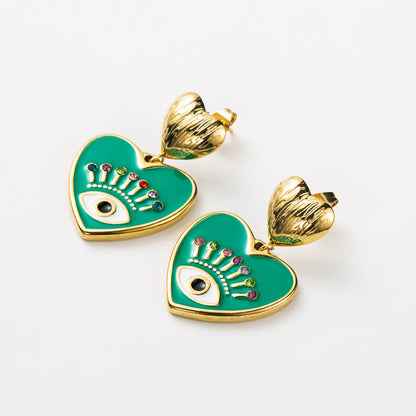 1 Pair Retro Devil's Eye Heart Shape Enamel Inlay Stainless Steel Rhinestones Earrings