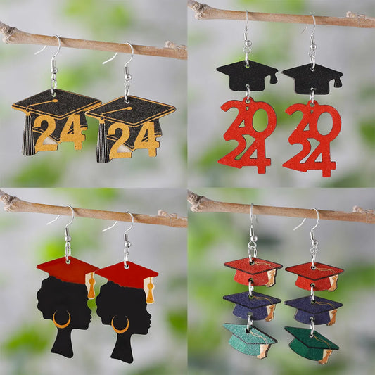 1 Pair Retro Doctoral Cap Wood Drop Earrings