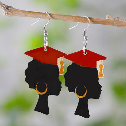 1 Pair Retro Doctoral Cap Wood Drop Earrings