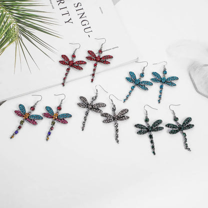 1 Pair Retro Dragonfly Alloy Inlay Rhinestones Women's Drop Earrings