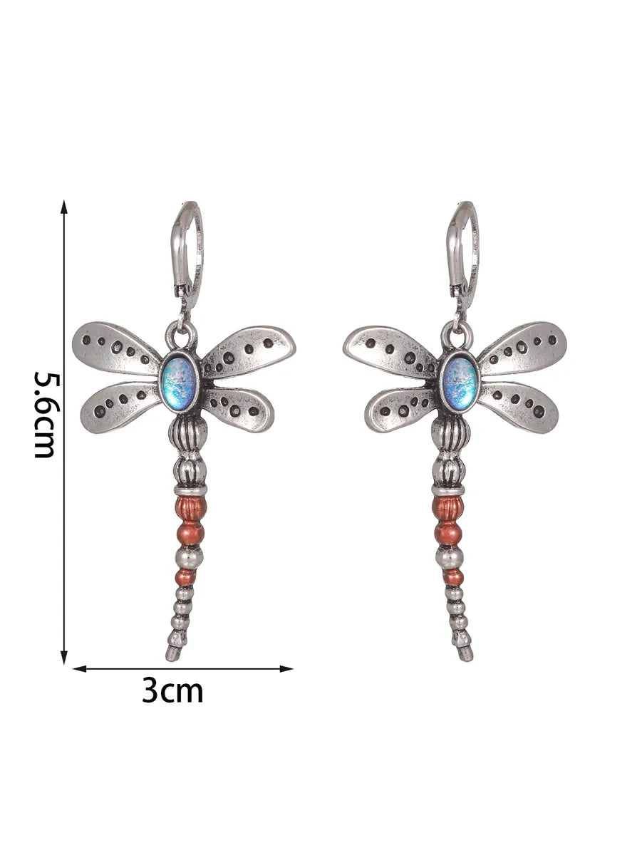 1 Pair Retro Dragonfly Plating Inlay Zinc Alloy Artificial Gemstones Silver Plated Drop Earrings