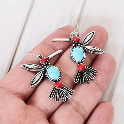 1 Pair Retro Ethnic Style Bird Inlay Alloy Turquoise Drop Earrings