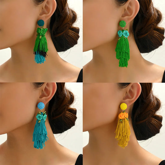 1 Pair Retro Ethnic Style Bohemian Flower Beaded Tassel Cotton Thread Drop Earrings