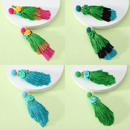 1 Pair Retro Ethnic Style Bohemian Flower Beaded Tassel Cotton Thread Drop Earrings