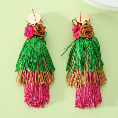 1 Pair Retro Ethnic Style Bohemian Flower Beaded Tassel Cotton Thread Drop Earrings