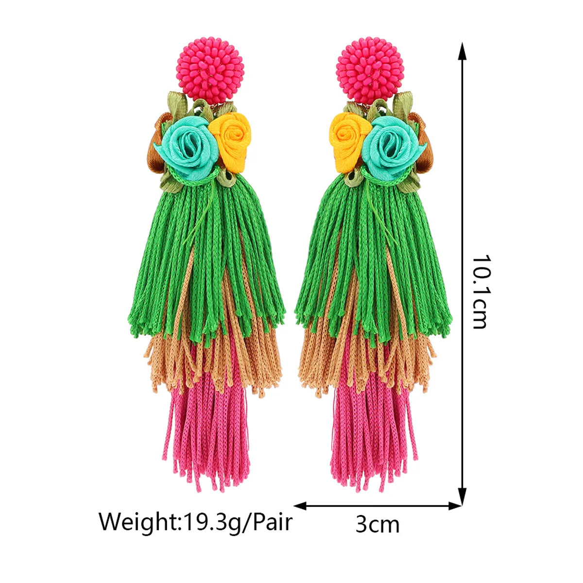 1 Pair Retro Ethnic Style Bohemian Flower Beaded Tassel Cotton Thread Drop Earrings