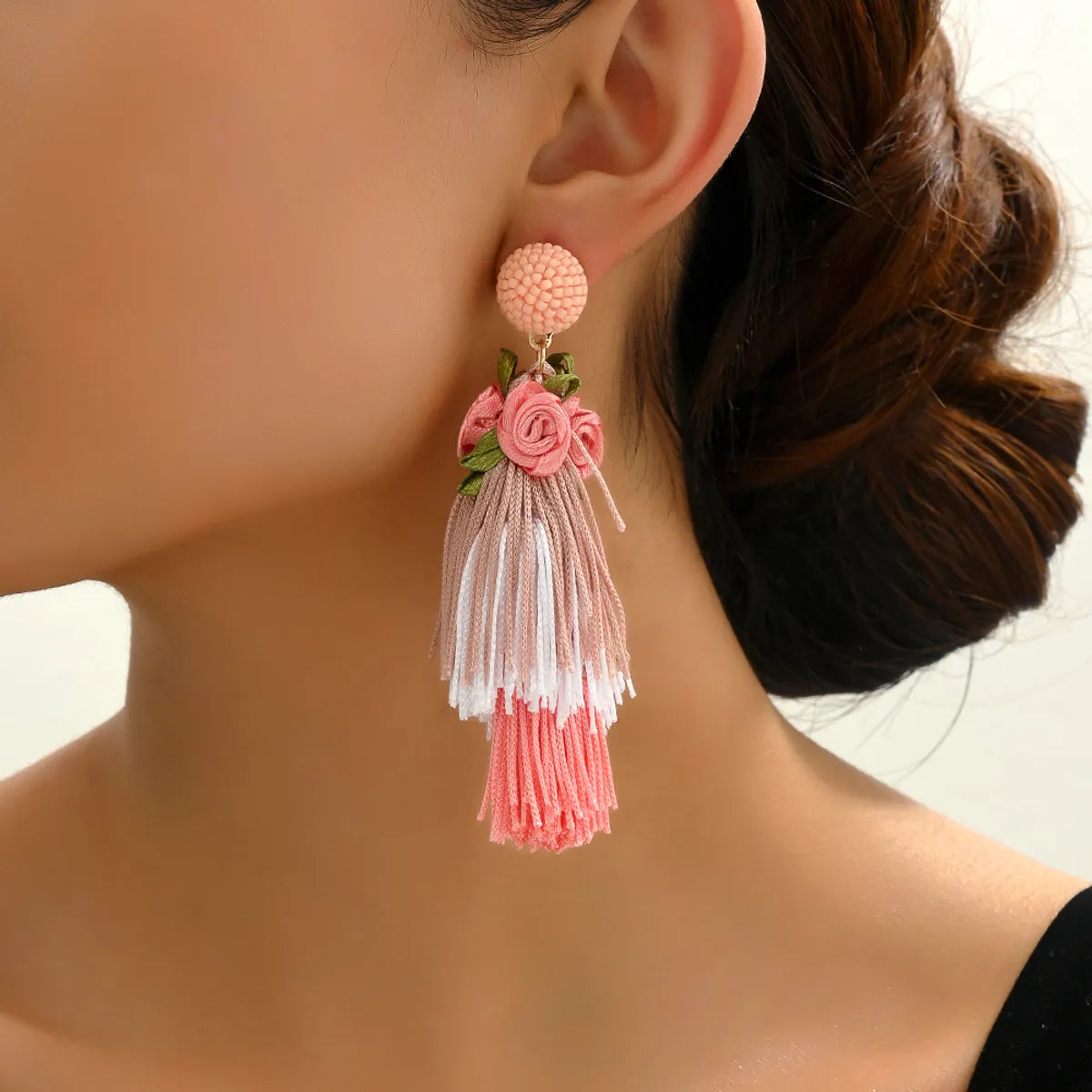 1 Pair Retro Ethnic Style Bohemian Flower Beaded Tassel Cotton Thread Drop Earrings