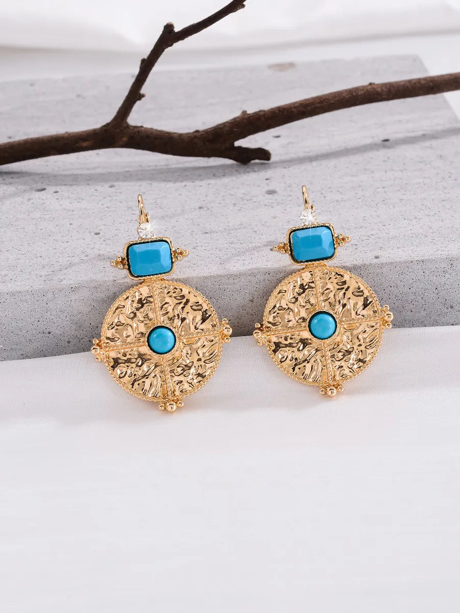 1 Pair Retro Ethnic Style Bohemian Geometric Round Plating Inlay Alloy Turquoise Drop Earrings