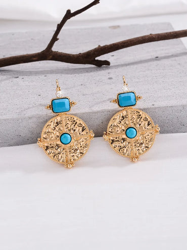 1 Pair Retro Ethnic Style Bohemian Geometric Round Plating Inlay Alloy Turquoise Drop Earrings