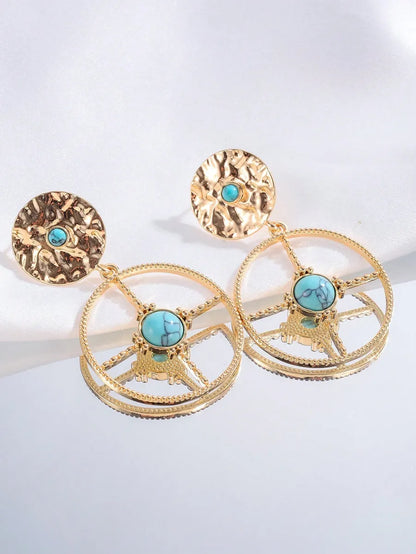 1 Pair Retro Ethnic Style Bohemian Geometric Round Plating Inlay Alloy Turquoise Drop Earrings