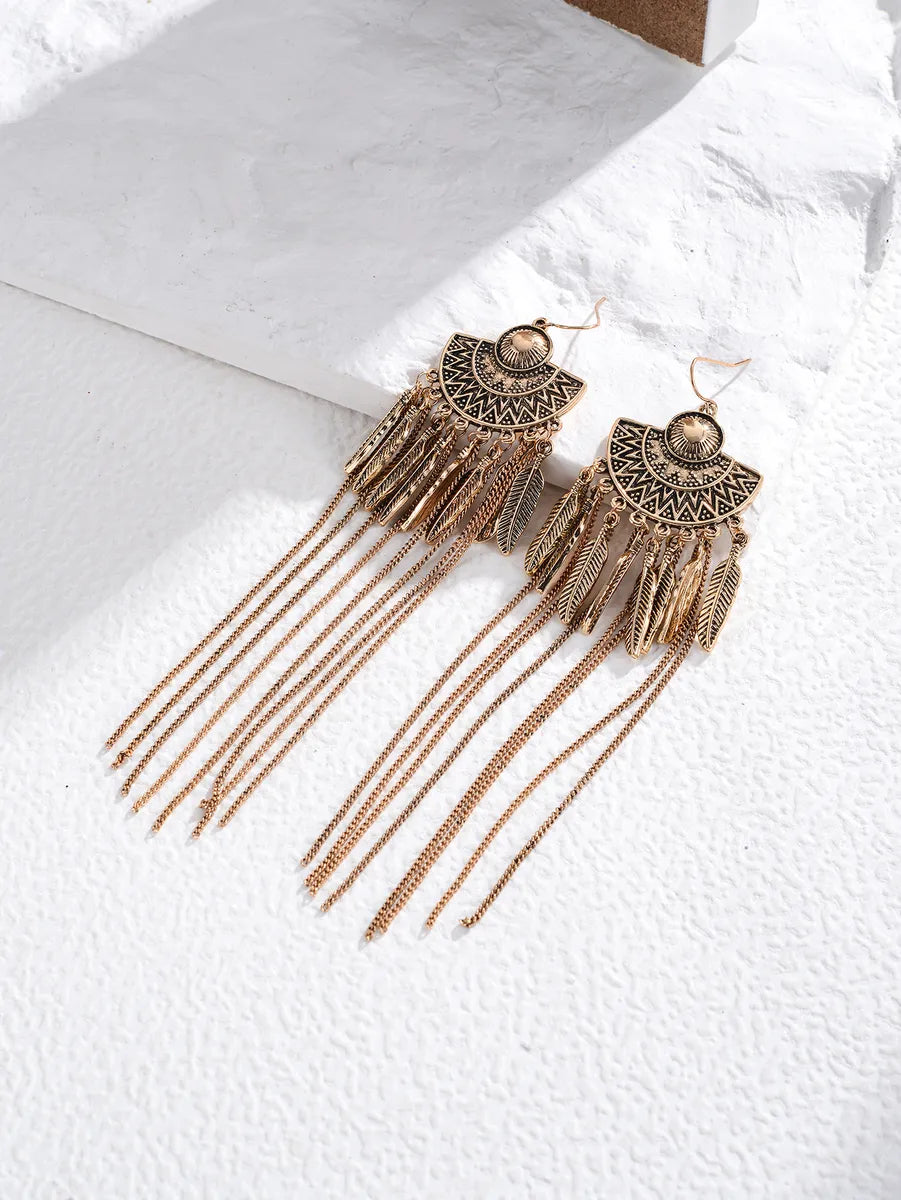 1 Pair Retro Ethnic Style Bohemian Totem Feather Chain Carving Alloy Drop Earrings