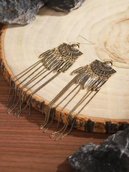 1 Pair Retro Ethnic Style Bohemian Totem Feather Chain Carving Alloy Drop Earrings