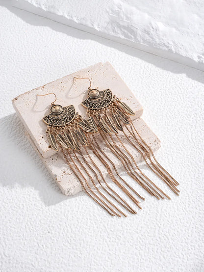 1 Pair Retro Ethnic Style Bohemian Totem Feather Chain Carving Alloy Drop Earrings