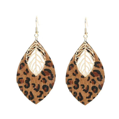 1 Pair Retro Ethnic Style Leaf Pu Leather Gold Plated Drop Earrings