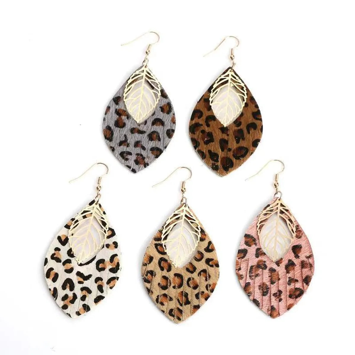 1 Pair Retro Ethnic Style Leaf Pu Leather Gold Plated Drop Earrings