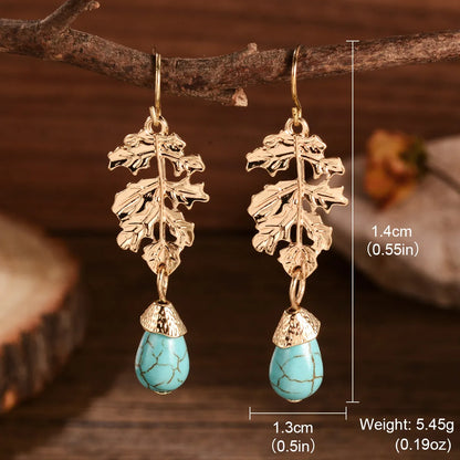 1 Pair Retro Ethnic Style Leaves Water Droplets Flower Hollow Out Inlay Alloy Natural Stone Rhinestones Drop Earrings