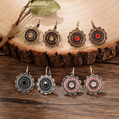 1 Pair Retro Ethnic Style Leaves Water Droplets Flower Hollow Out Inlay Alloy Natural Stone Rhinestones Drop Earrings