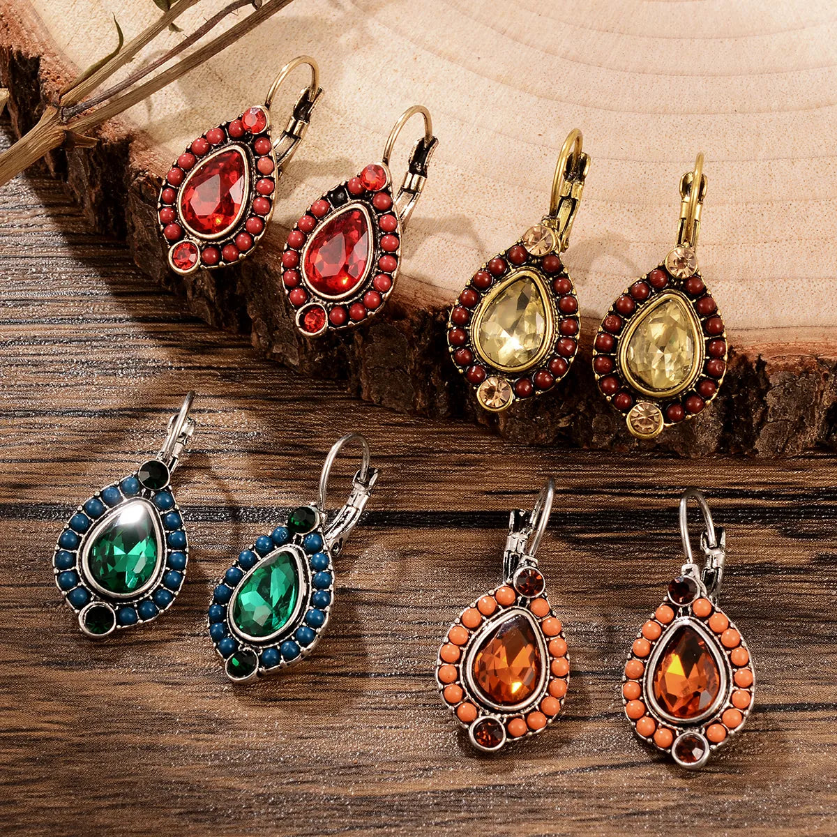 1 Pair Retro Ethnic Style Leaves Water Droplets Flower Hollow Out Inlay Alloy Natural Stone Rhinestones Drop Earrings